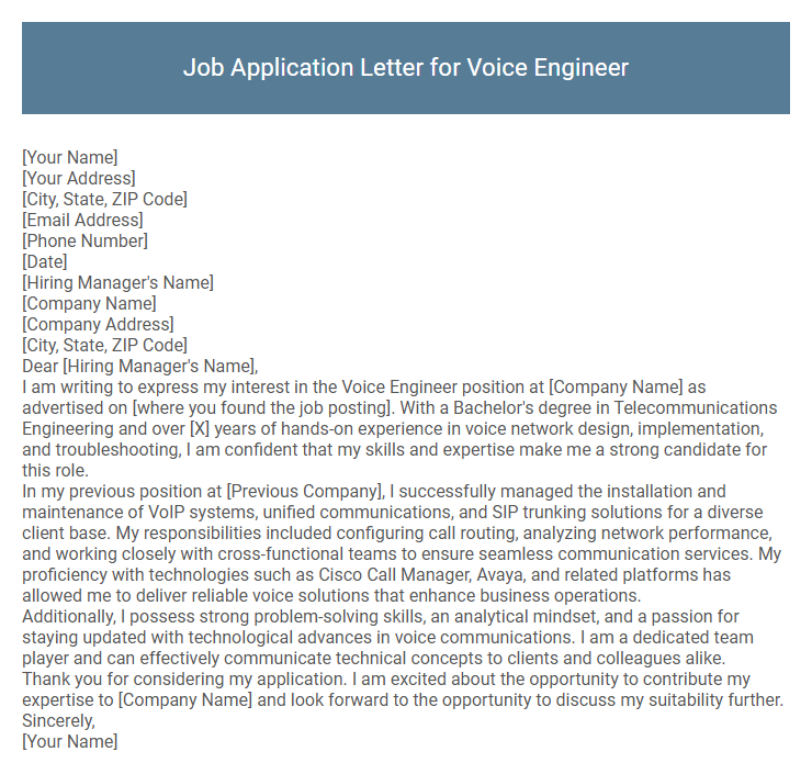 Job Application Letter for Voice Engineer