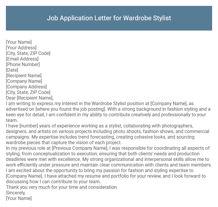 Job Application Letter for Wardrobe Stylist