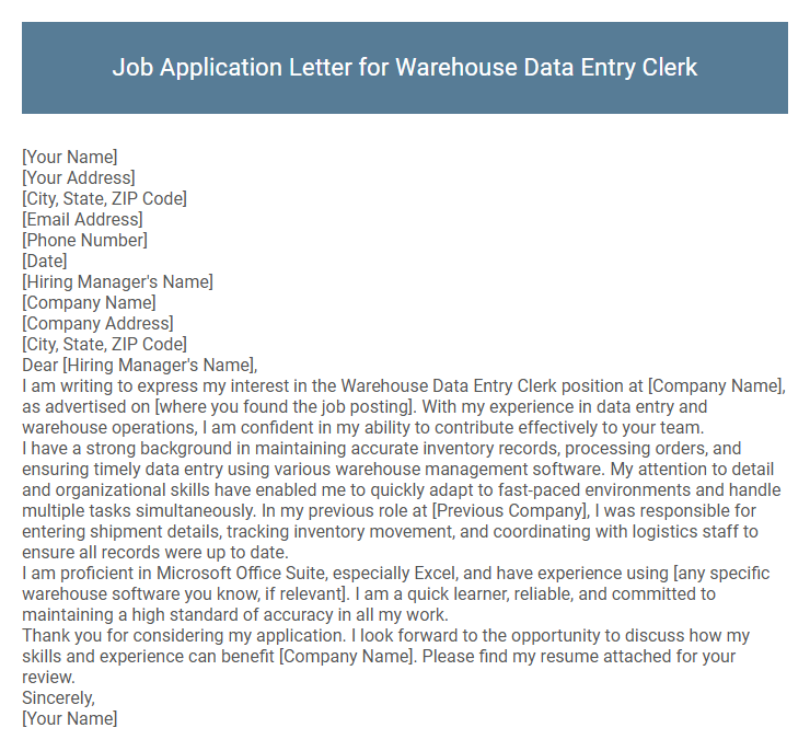 Job Application Letter for Warehouse Data Entry Clerk