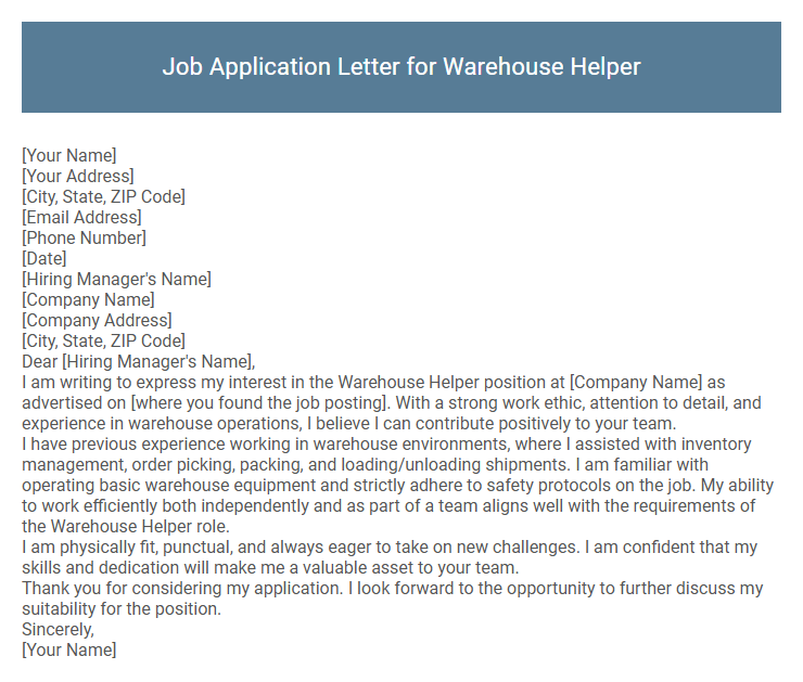 Job Application Letter for Warehouse Helper