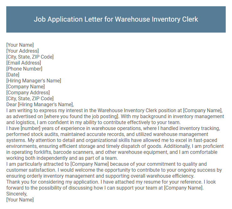 Job Application Letter for Warehouse Inventory Clerk