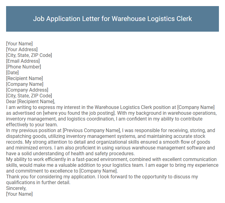 Job Application Letter for Warehouse Logistics Clerk