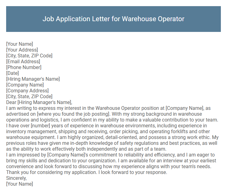 Job Application Letter for Warehouse Operator