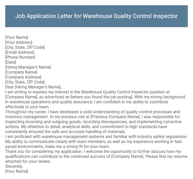 Job Application Letter for Warehouse Quality Control Inspector