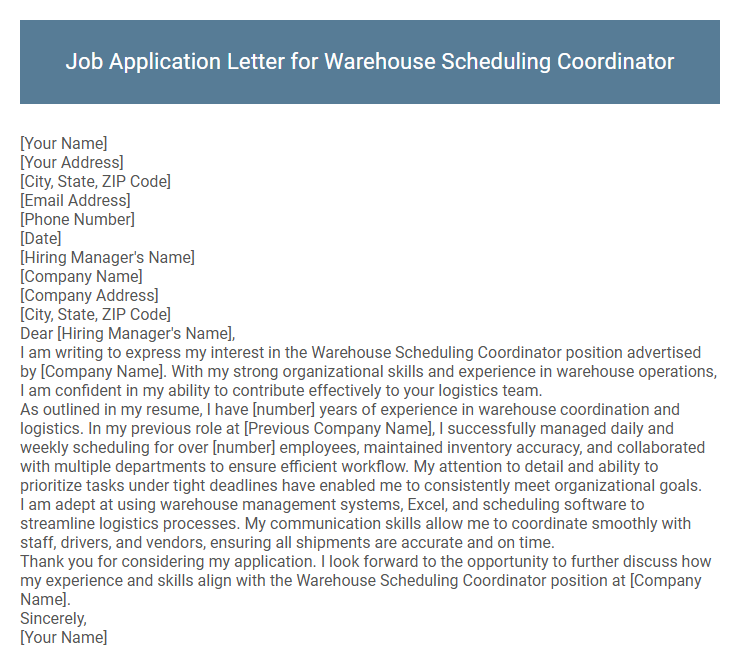 Job Application Letter for Warehouse Scheduling Coordinator