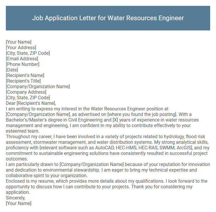 Job Application Letter for Water Resources Engineer