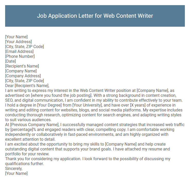 Job Application Letter for Web Content Writer