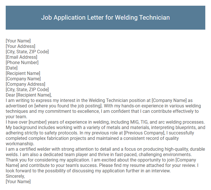 Job Application Letter for Welding Technician