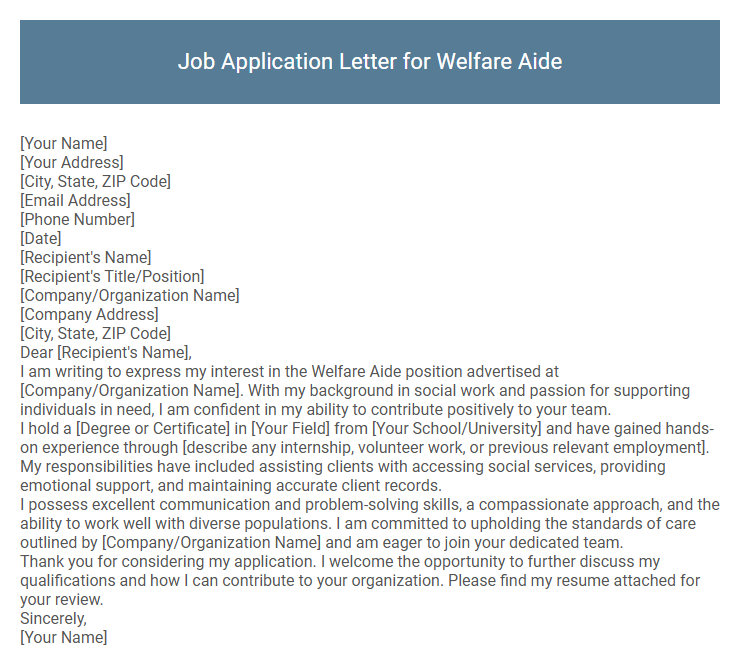 Job Application Letter for Welfare Aide