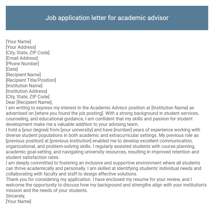 Job application letter for academic advisor