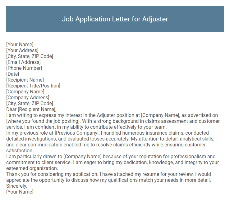 Job Application Letter for Adjuster