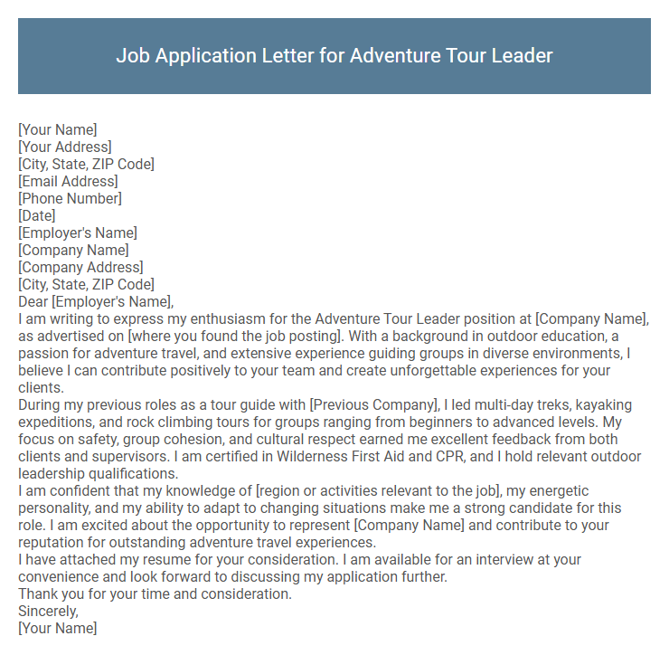 Job Application Letter for Adventure Tour Leader