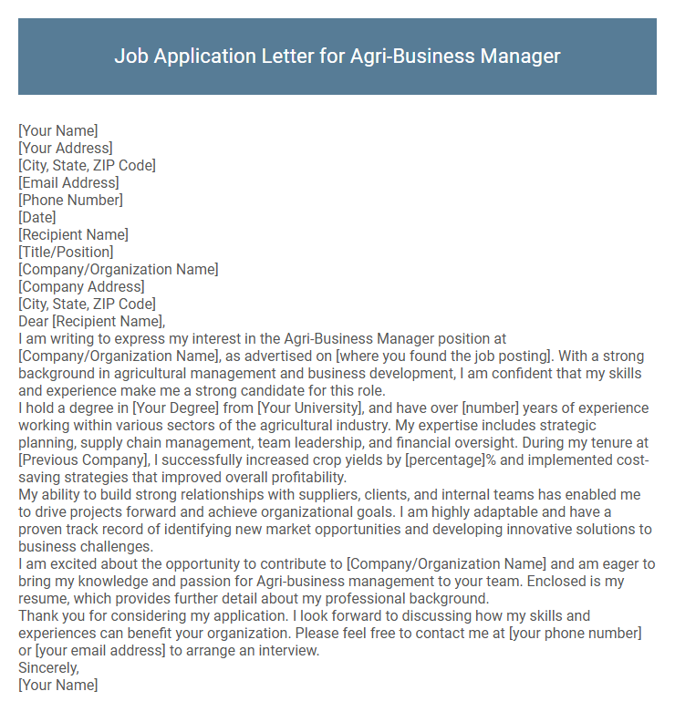 Job Application Letter for Agri-Business Manager