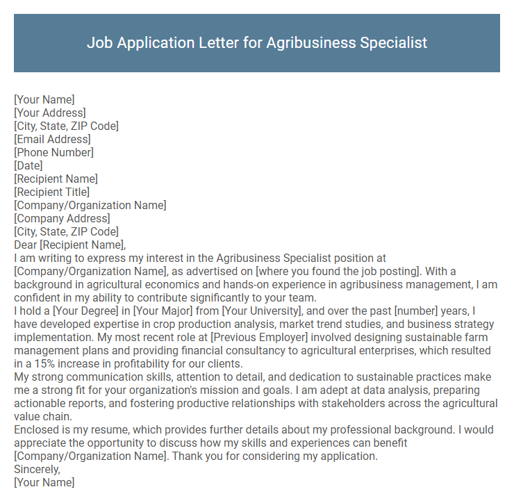 Job Application Letter for Agribusiness Specialist