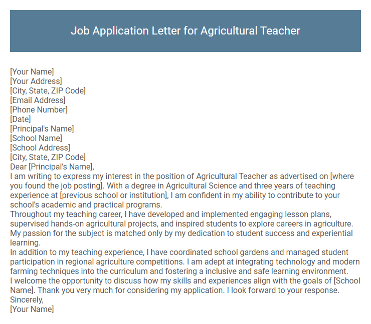 Job Application Letter for Agricultural Teacher