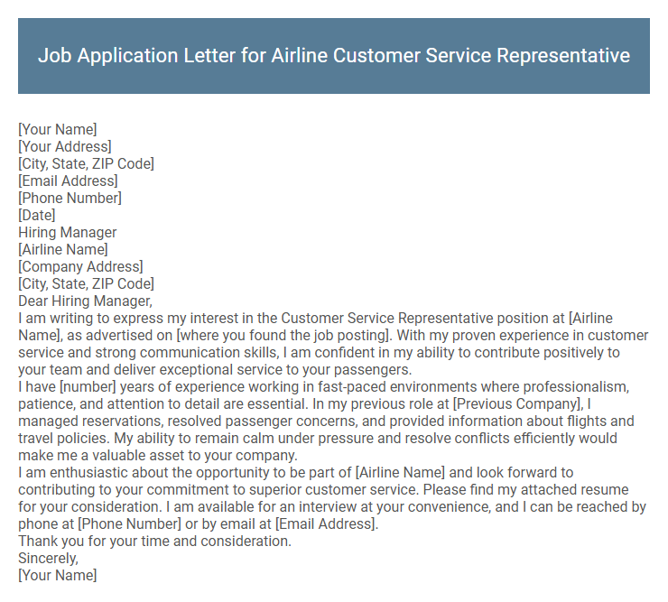 Job Application Letter for Airline Customer Service Representative