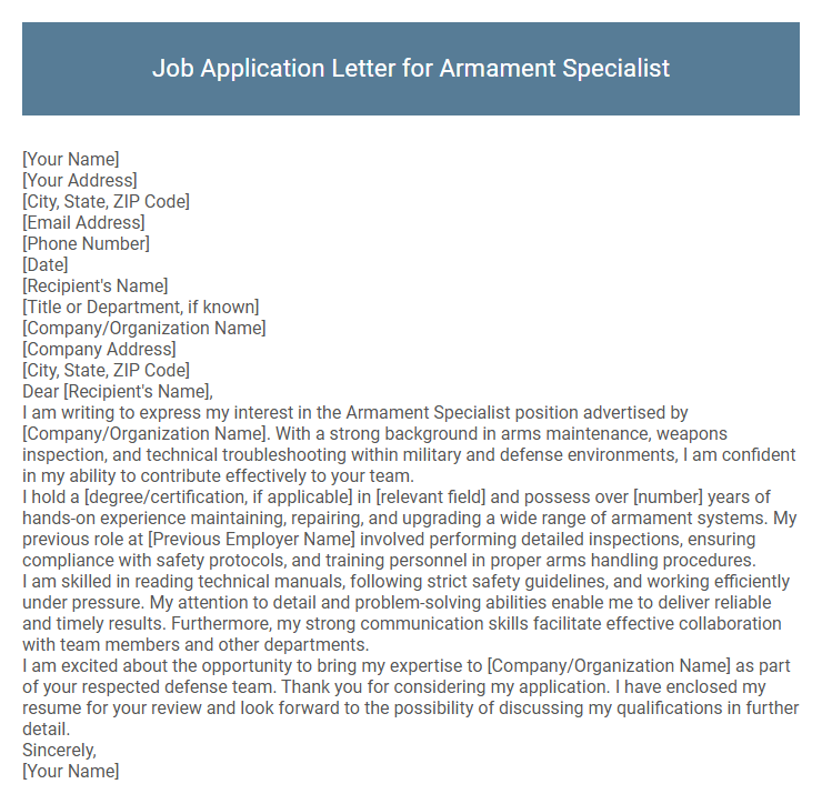 Job Application Letter for Armament Specialist