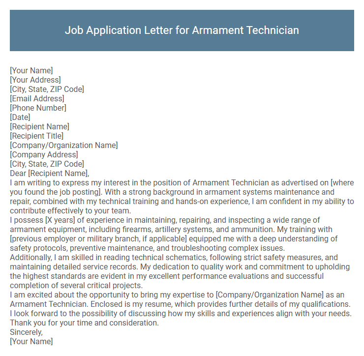 Job Application Letter for Armament Technician