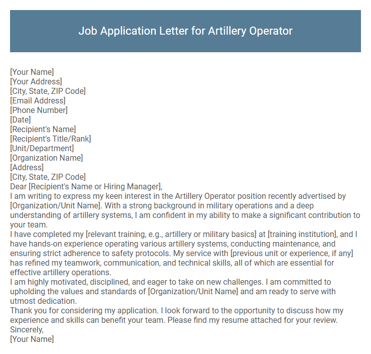 Job Application Letter for Artillery Operator