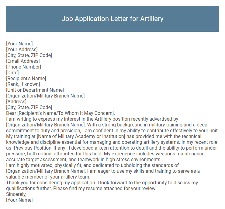 Job Application Letter for Artillery