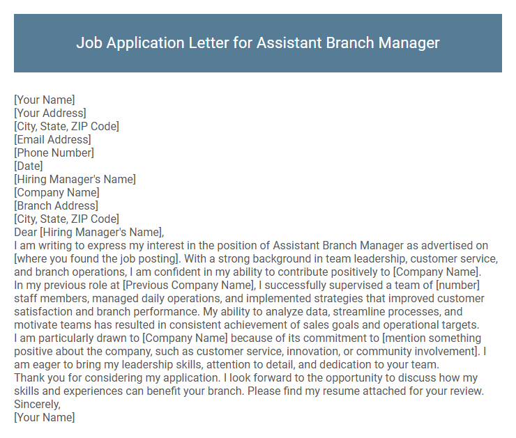Job Application Letter for Assistant Branch Manager