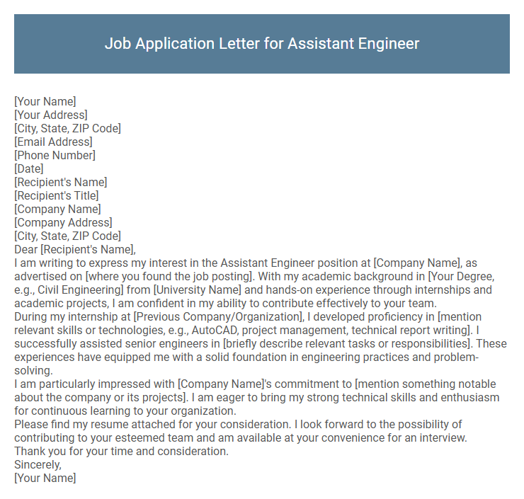 Job Application Letter for Assistant Engineer