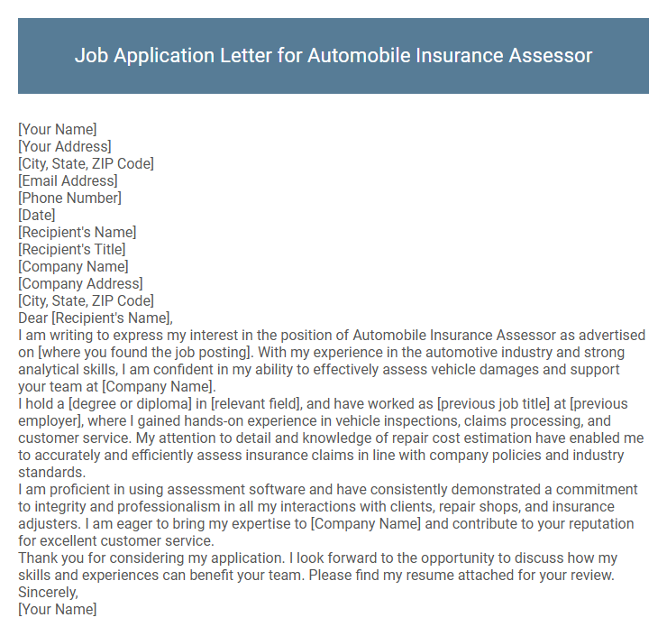 Job Application Letter for Automobile Insurance Assessor