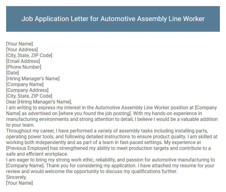Job Application Letter for Automotive Assembly Line Worker