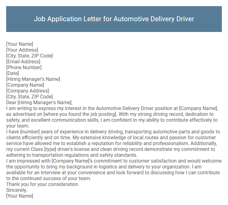 Job Application Letter for Automotive Delivery Driver
