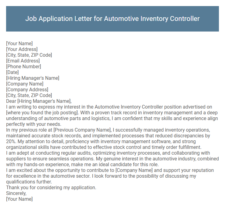 Job Application Letter for Automotive Inventory Controller