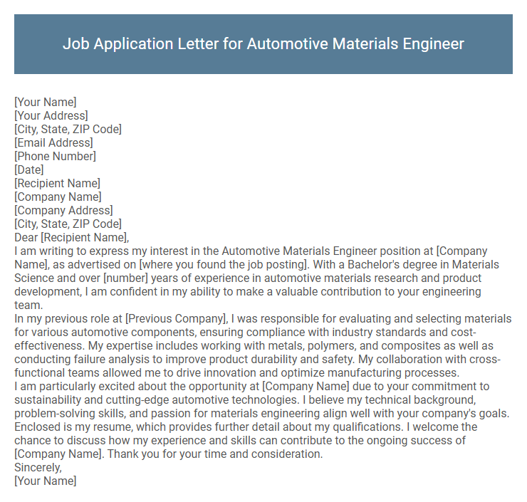 Job Application Letter for Automotive Materials Engineer