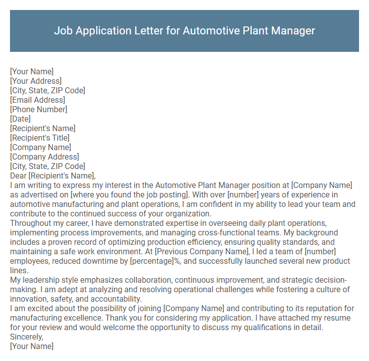 Job Application Letter for Automotive Plant Manager