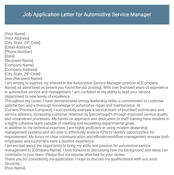 Job Application Letter for Automotive Service Manager