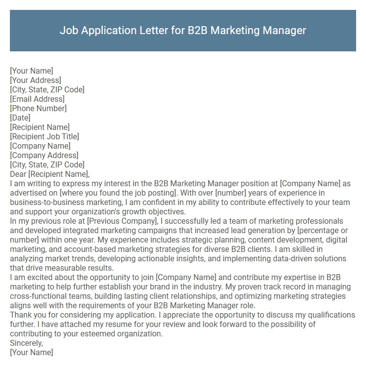 Job Application Letter for B2B Marketing Manager