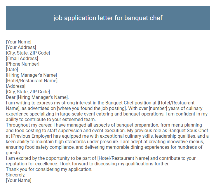 job application letter for banquet chef