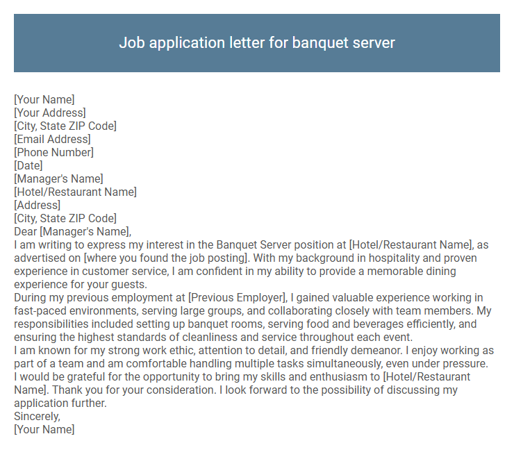 Job application letter for banquet server