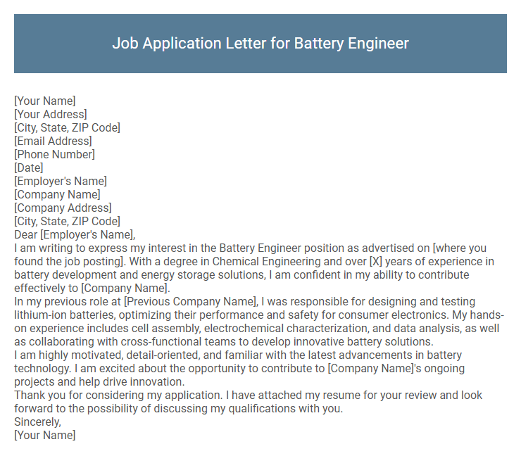 Job Application Letter for Battery Engineer