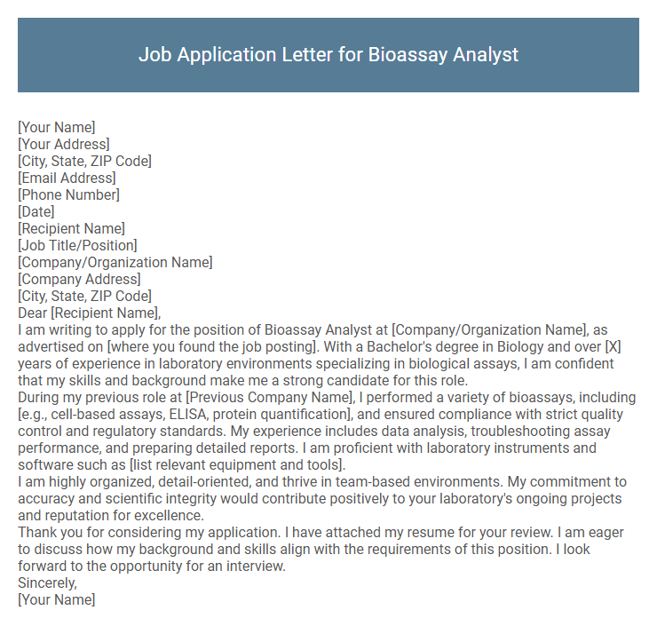 Job Application Letter for Bioassay Analyst