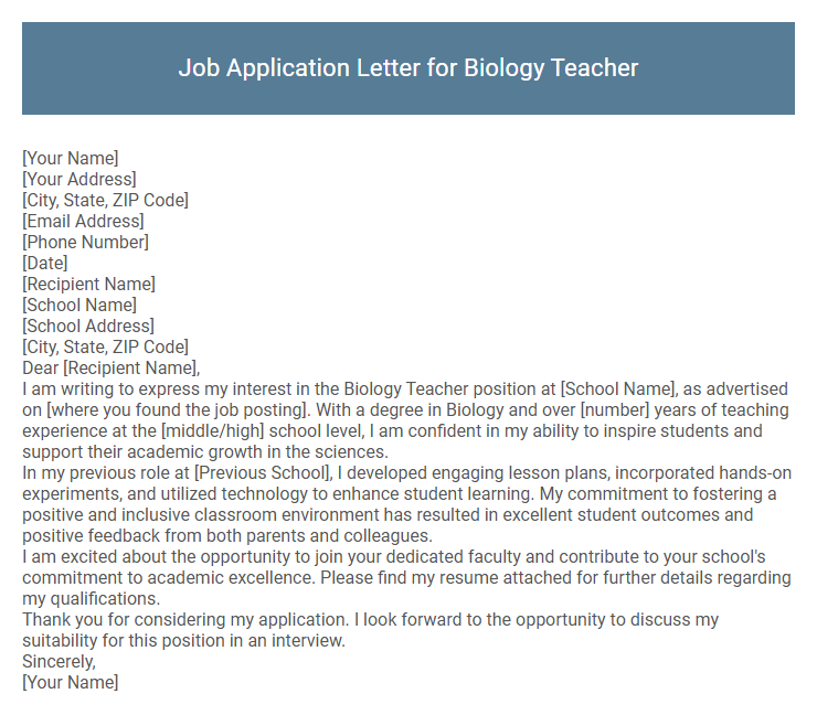 Job Application Letter for Biology Teacher