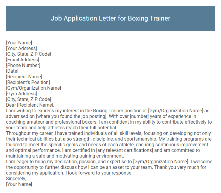 Job Application Letter for Boxing Trainer