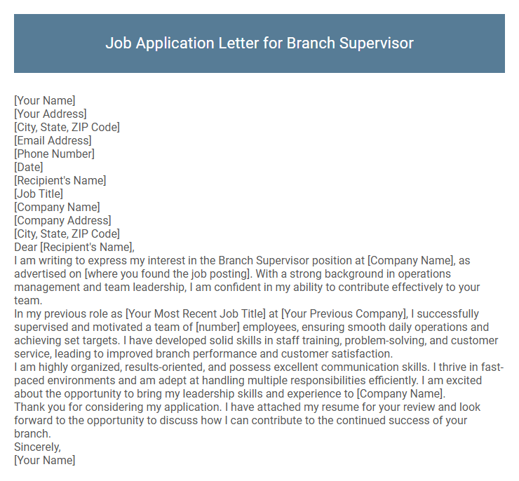 Job Application Letter for Branch Supervisor