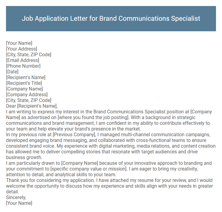 Job Application Letter for Brand Communications Specialist