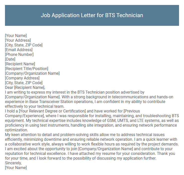 Job Application Letter for BTS Technician