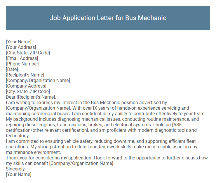Job Application Letter for Bus Mechanic
