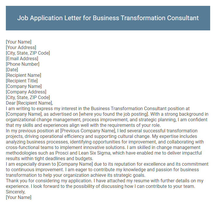 Job Application Letter for Business Transformation Consultant