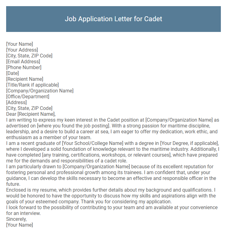 Job Application Letter for Cadet