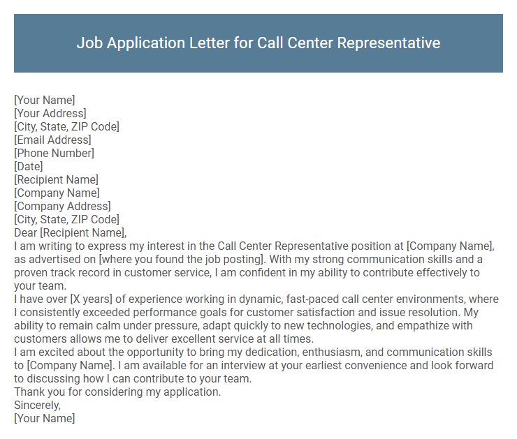 Job Application Letter for Call Center Representative