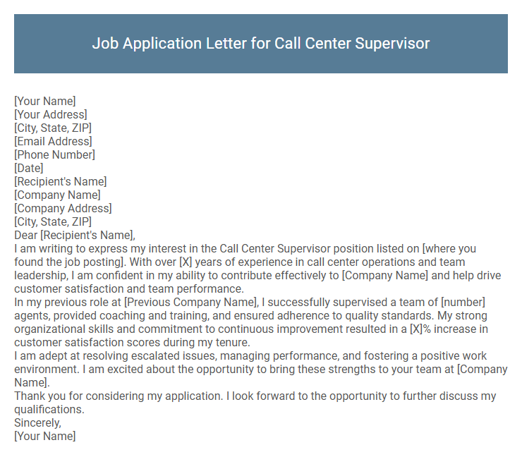 Job Application Letter for Call Center Supervisor