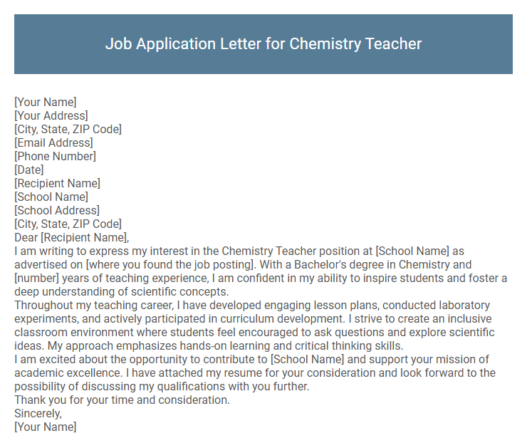 Job Application Letter for Chemistry Teacher
