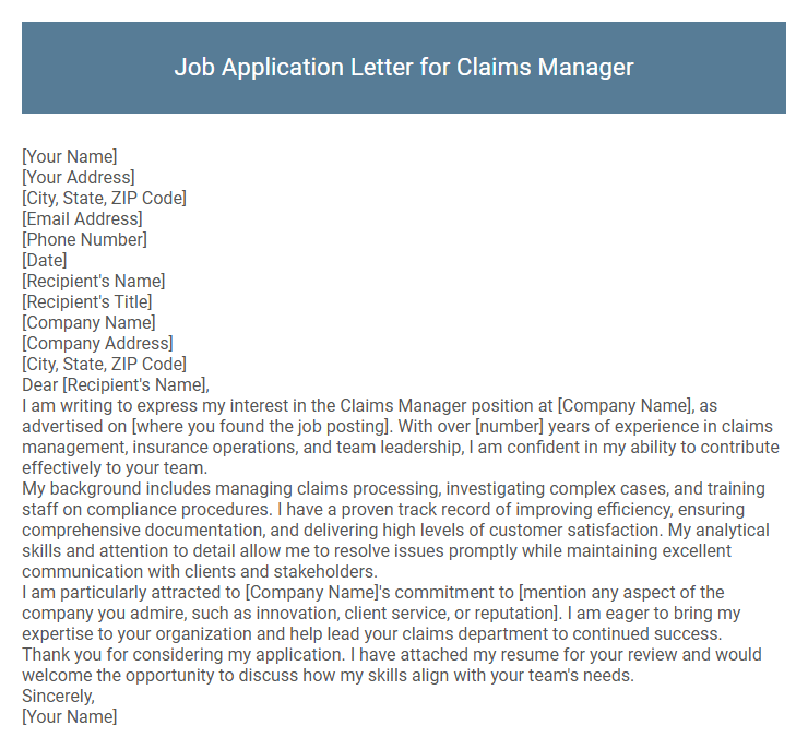 Job Application Letter for Claims Manager
